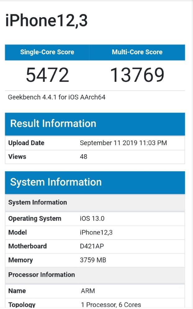  iPhone 11 GeekBench跑分曝光：单核5472分，多核13769分