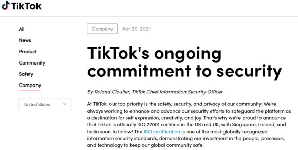  TikTok在英美正式获得ISO 27001信息安全标准认证